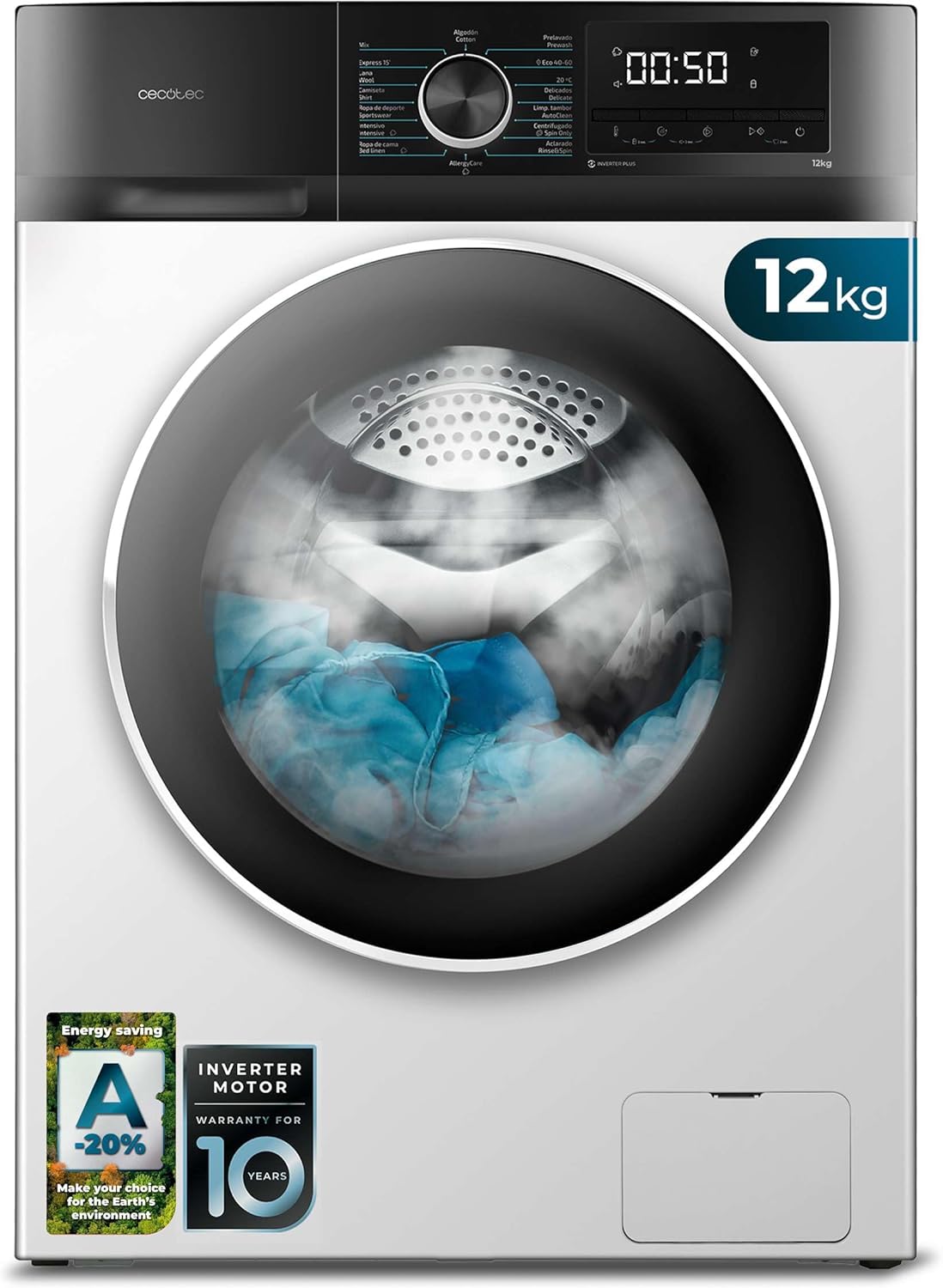 Cecotec Waschmaschine 12 kg Frontlader Bolero DressCode 12500 Inverter A, Bett, 20 °C