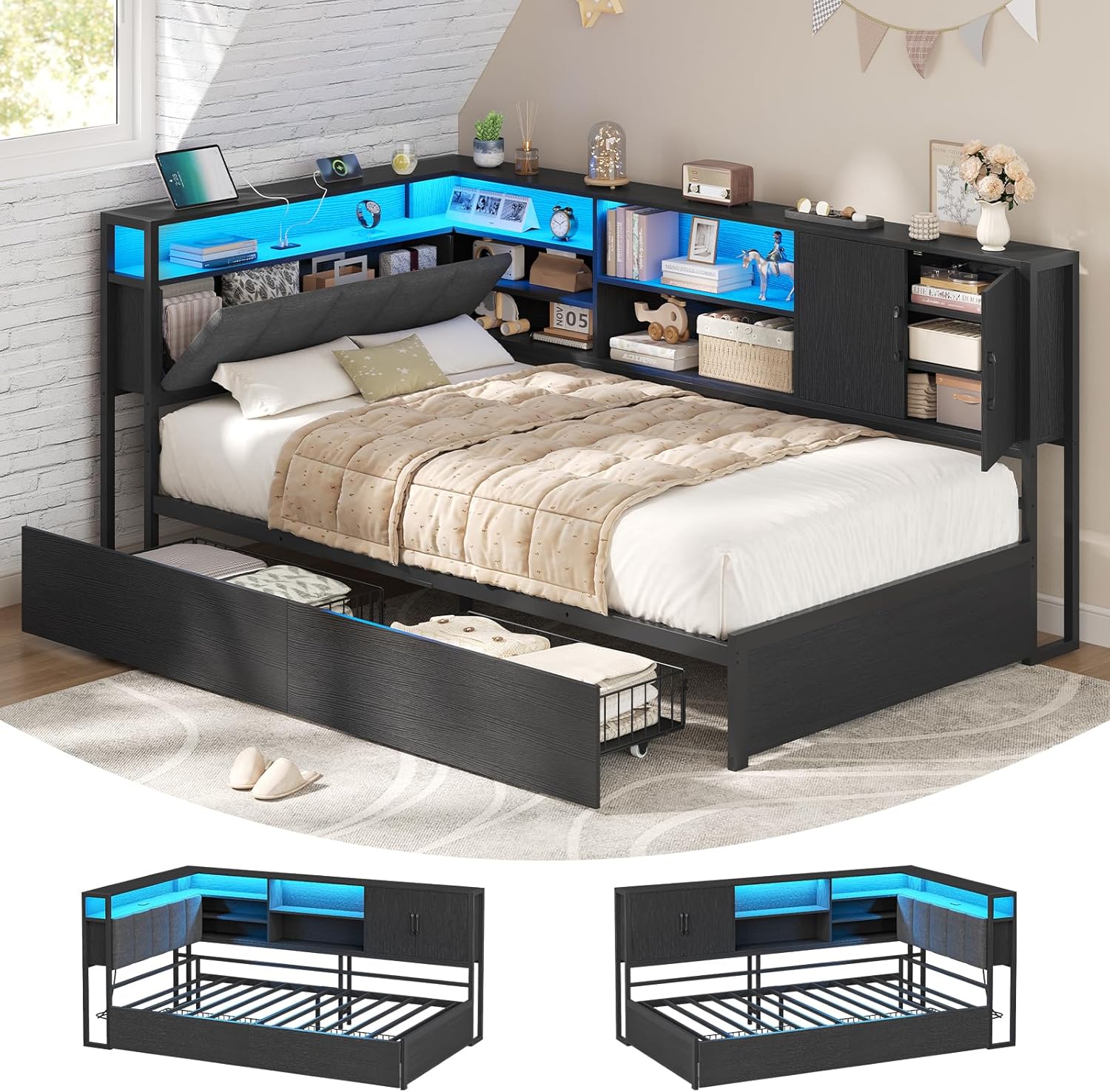 KIMENICH Polsterbett Schlafsofa 90 × 200 mit LED-Beleuchtung, Schrank, Sofabett, App