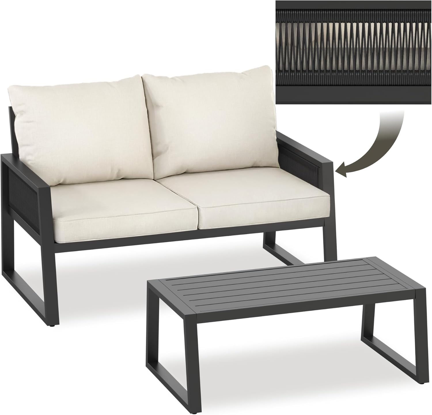 Tectake Rope Design Lounge Möbel Set für Garten oder Balkon, Balkonsofa, Tisch, Aluminium