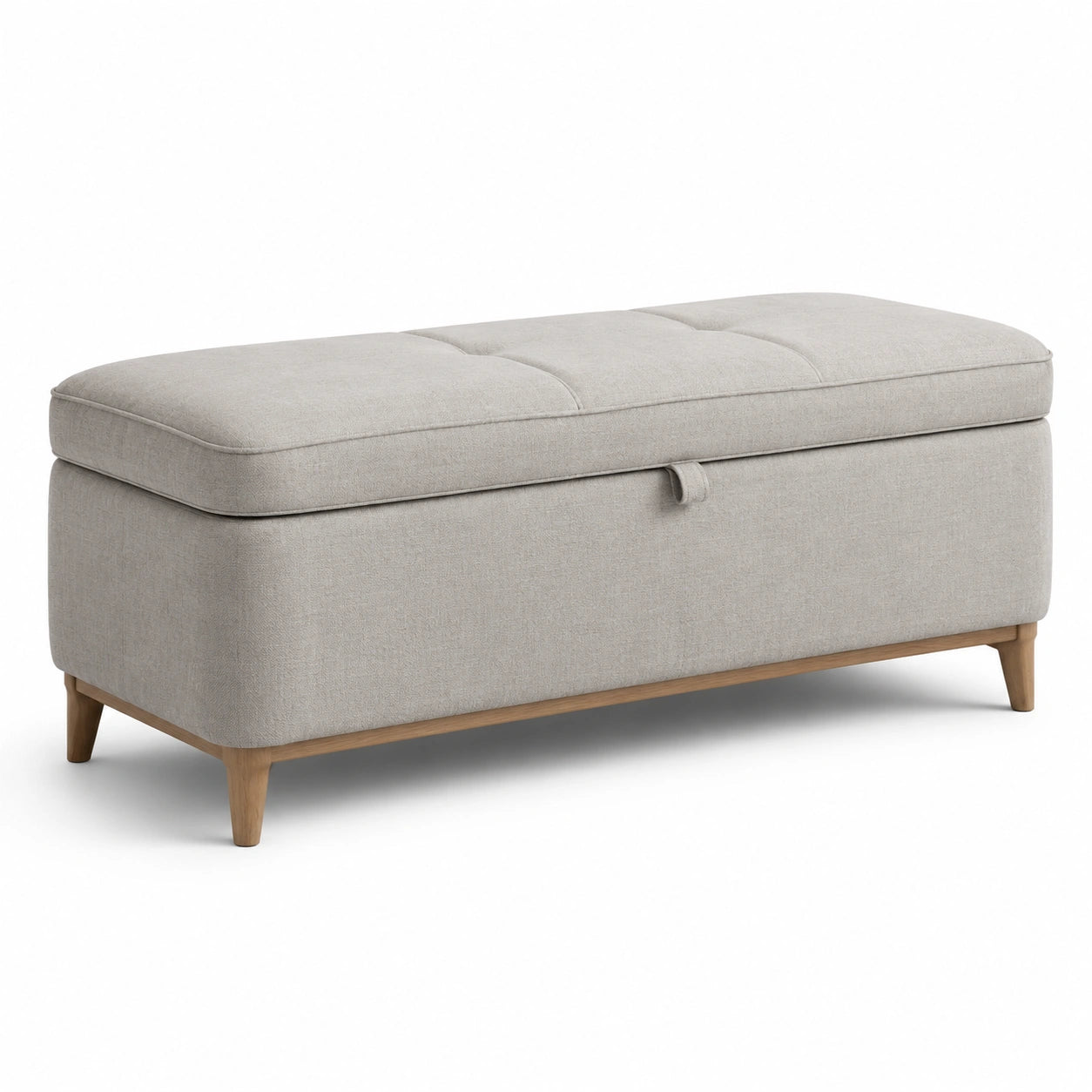 Stoff-Aufbewahrungsbank mit Holzfüßen in Beige, 120 cm