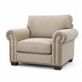 Leinensessel mit Holzbeinen und Nieten, Beige