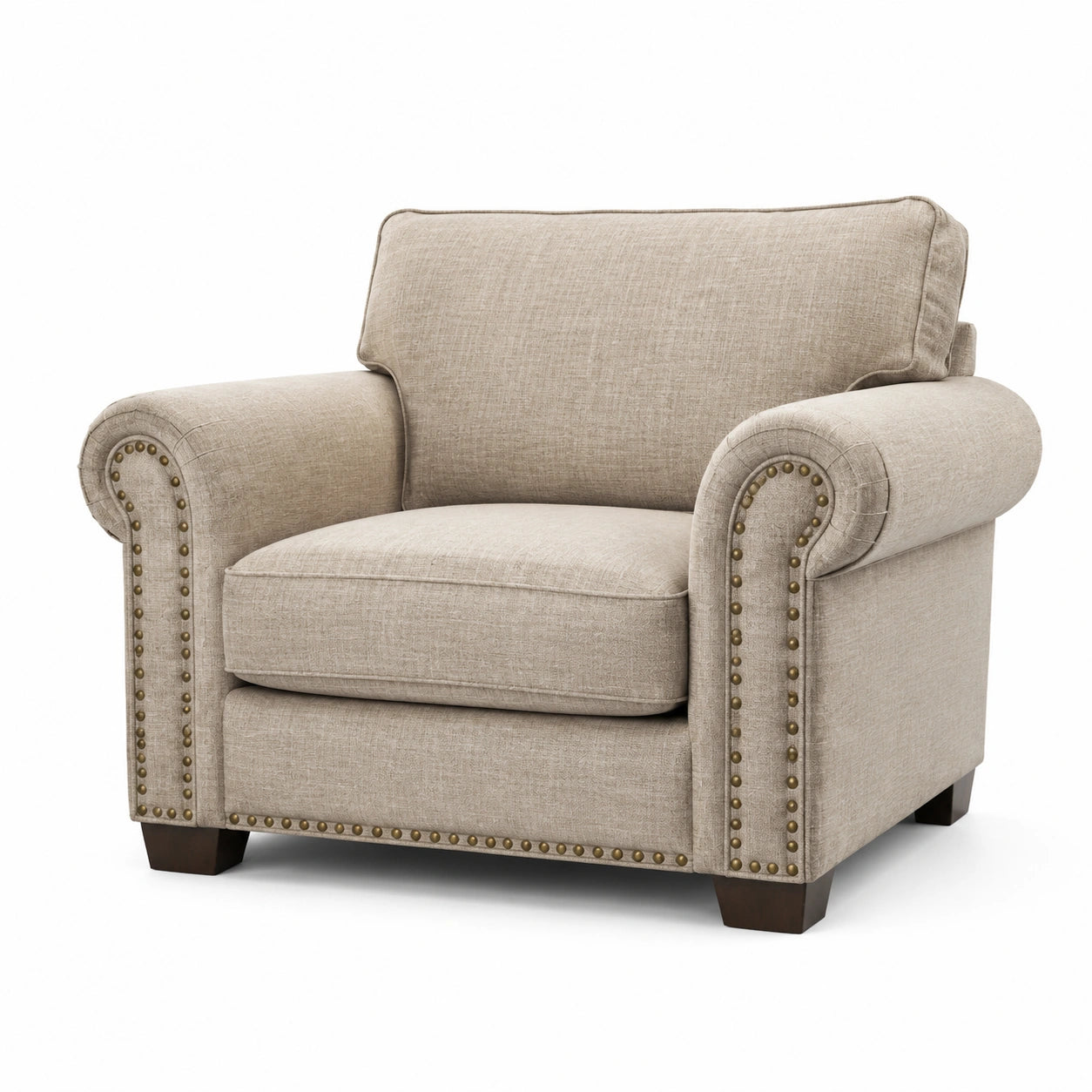 Leinensessel mit Holzbeinen und Nieten, Beige