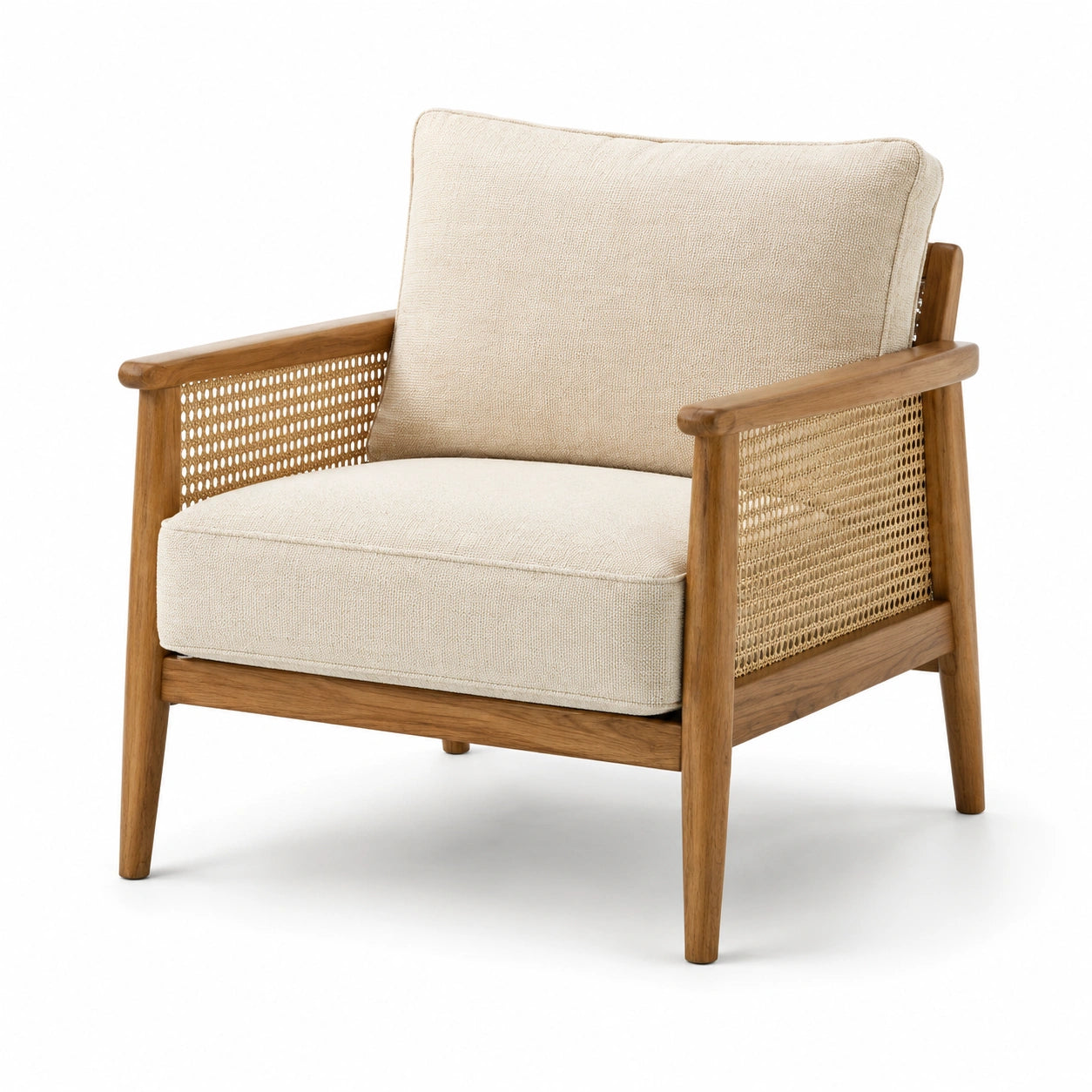 Holzsessel mit Leinen und Rattan, beige
