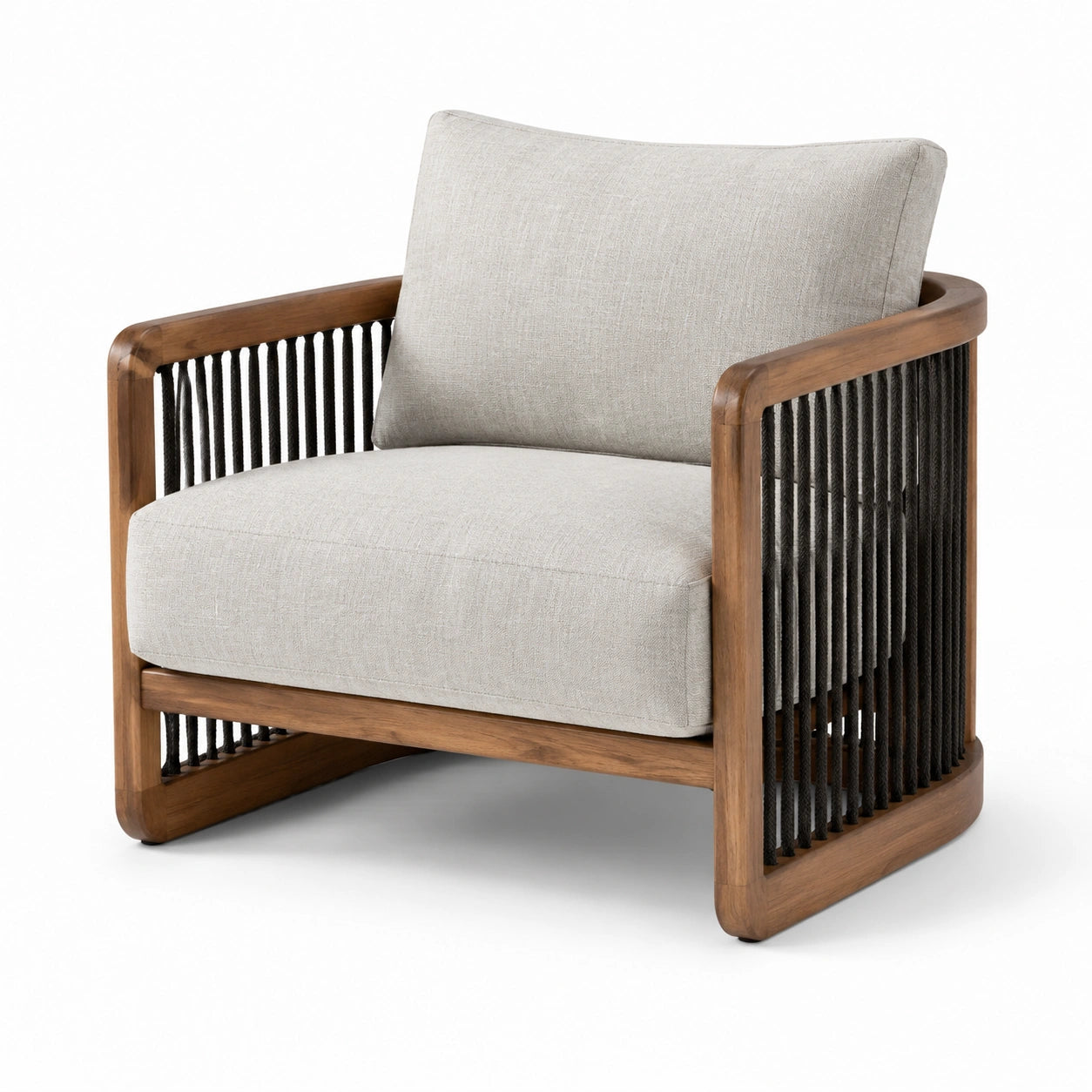 Moderner Sessel mit Massivholz und Leinenbezug in Beige Dunkelbraun