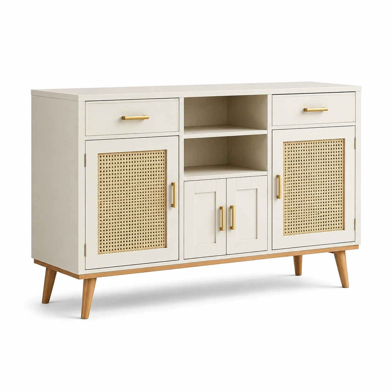 Sideboard Cremeweiß Rattan MDF Massivholz 150x40x85 cm