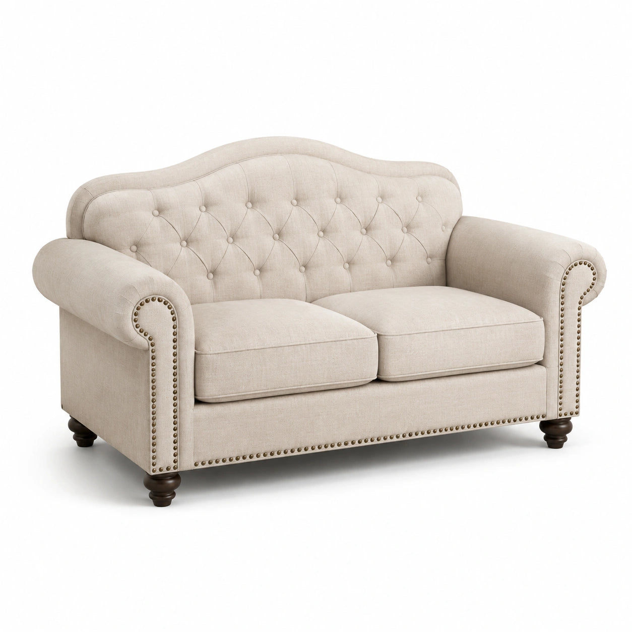 Zweisitzer Sofa Leinen Beige mit Knopfheftung und Holzbeinen