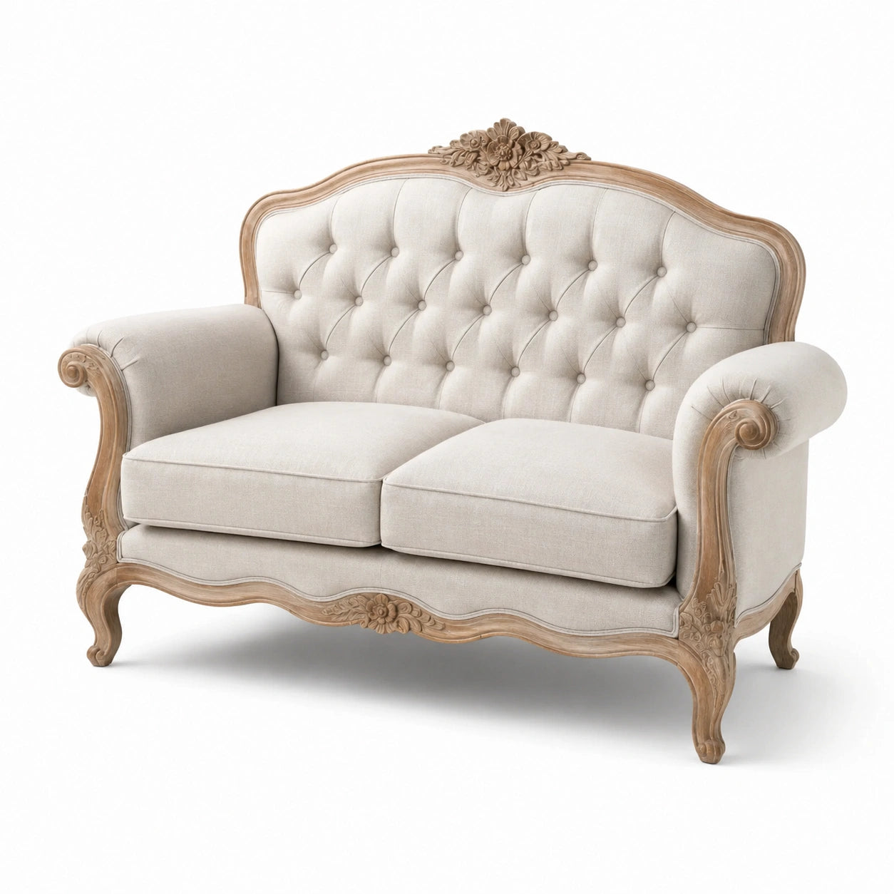 Zweisitzersofa aus Massivholz mit Baumwollmischgewebe in Beige