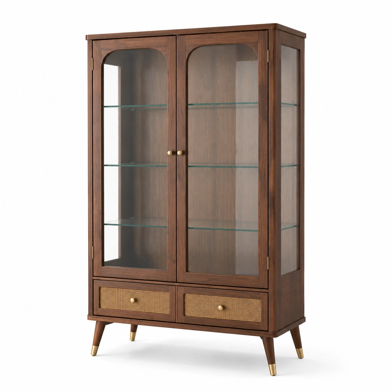 Holzvitrine mit Glastüren und Messingakzenten Braun