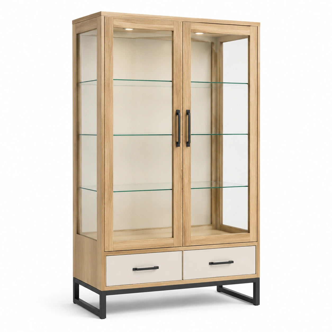 Vitrine aus Eichenholz, gehärtetem Glas und Metallrahmen 180cm Hoch
