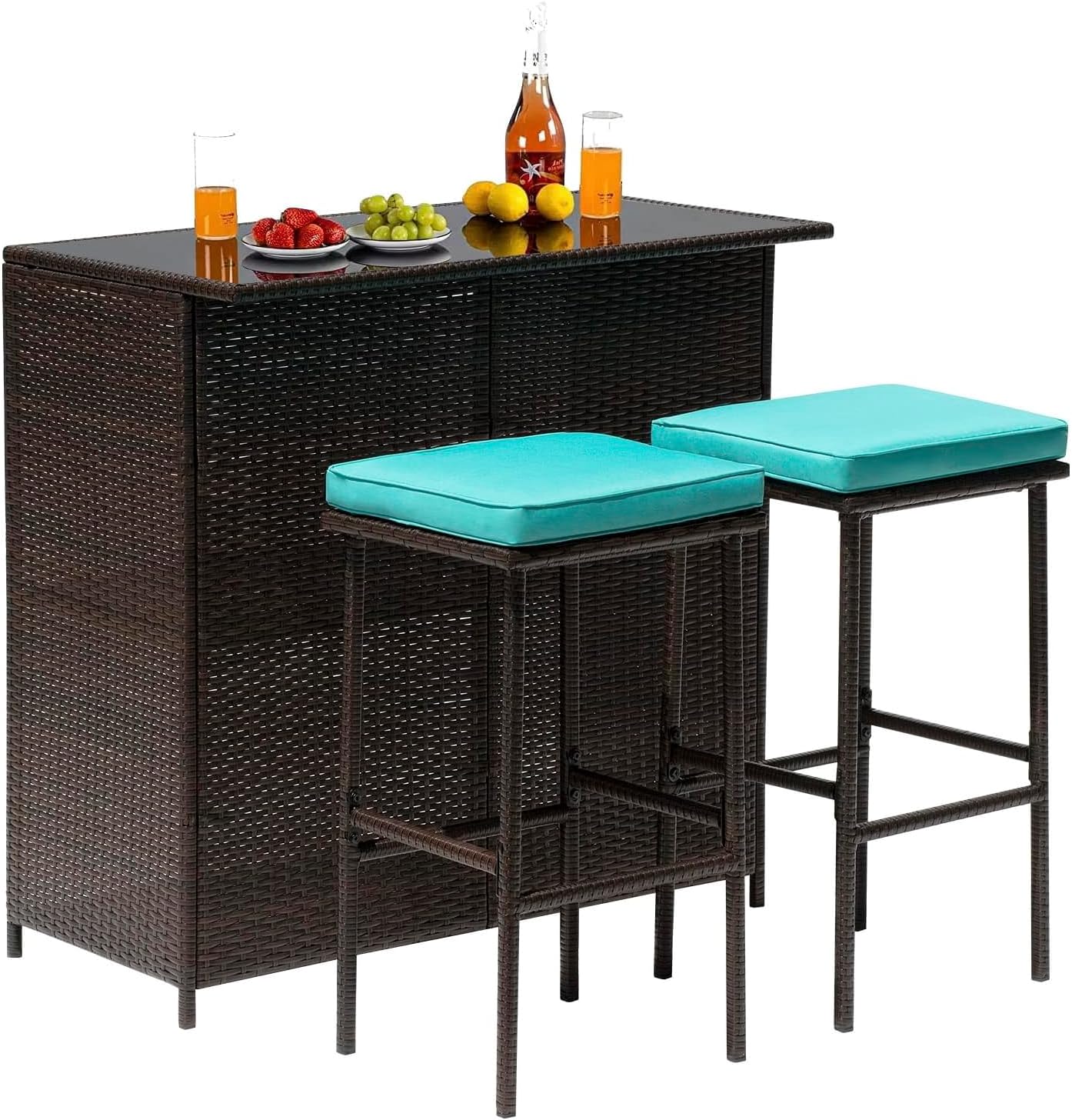 Calma Lux Polyrattan Gartenbar Gartenmöbel Tisch, wetterbeständig, Braun/Blau-Grün, Barset Bar