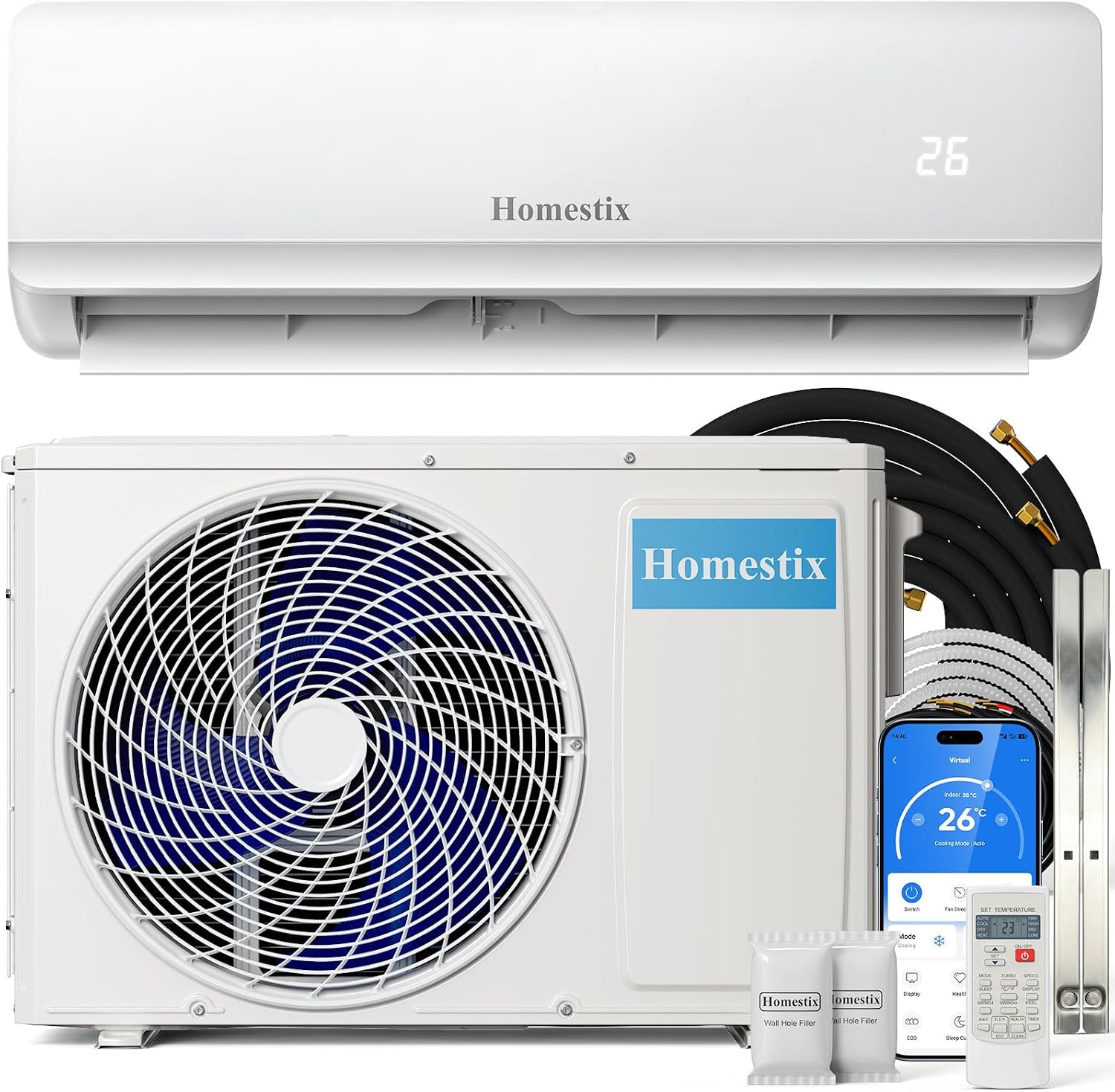 Homestix Split Klimaanlage, 24h-Timer/Schlaf/ECO-Energiesparmodus, 4-in-1-Kältegerät mit Heizen, bis70 m2, 12000 BTU, 17 L, Entfeuchten und Lüften
