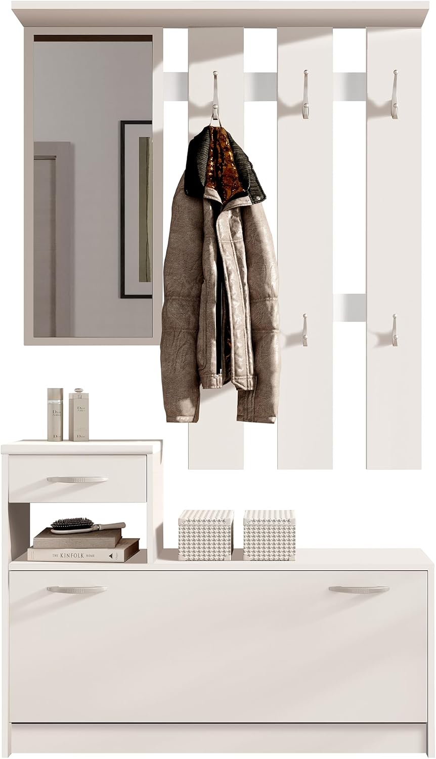 Stella Trading Vera Garderobe Spiegel weiß Garderobenständer, 100 × 190 × 26 cm (B/H/T), 100 × 73 × 25 cm, Kompaktgarderobe, Dielenschrank