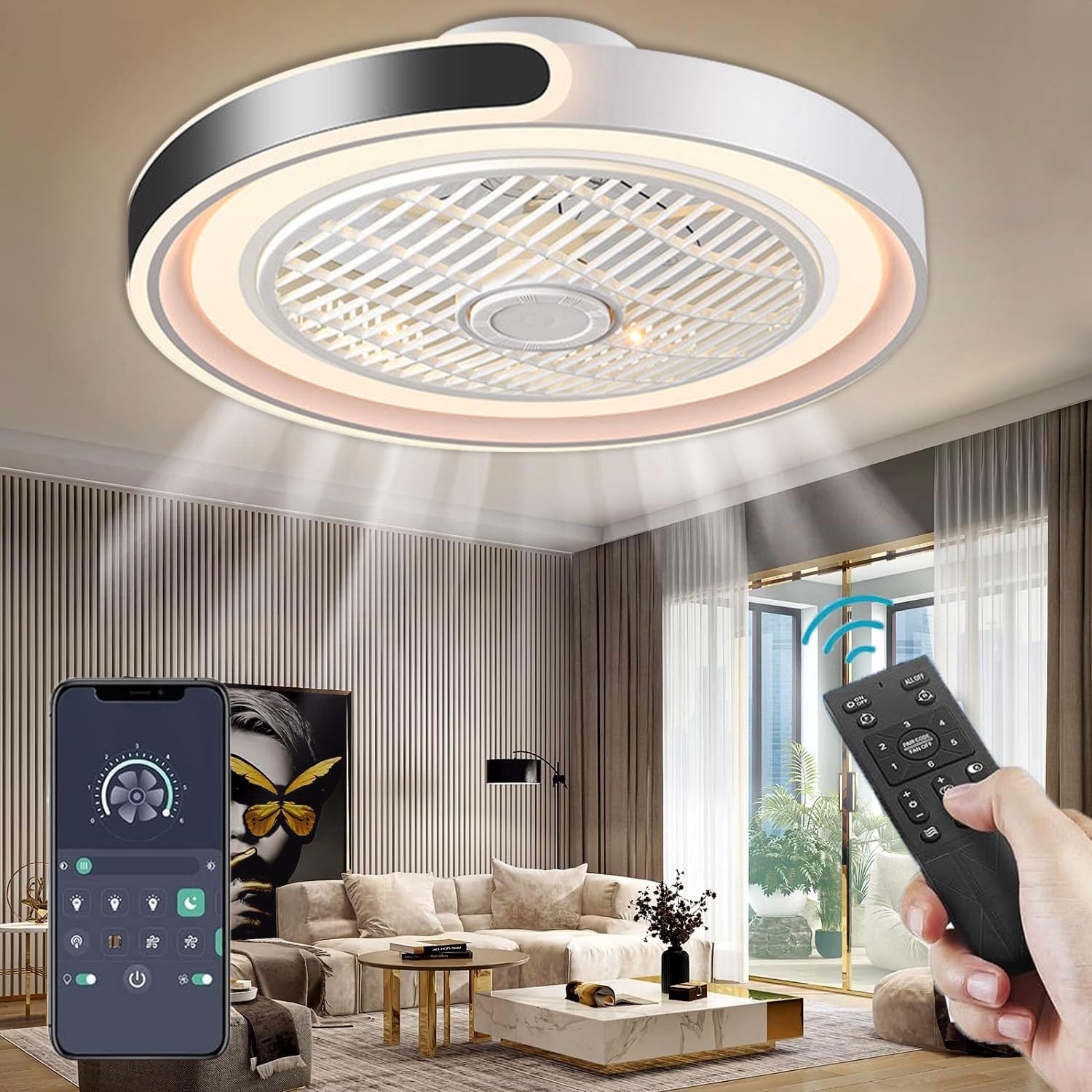 ACJK Deckenventilator Licht Fernbedienung Deckenventilator mit Beleuchtung, 70W/7000lm dimmbare LED, 6 Geschwindigkeitsstufen + Timer, App-Steuerung