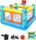 AKEYDIY Aufblasbare Hüpfburg für Kinder von 3-6 Jahren Pool, Basketballkorb und Hüpfspiel, Blau/Gelb/Rot/Orange, Luftpumpe