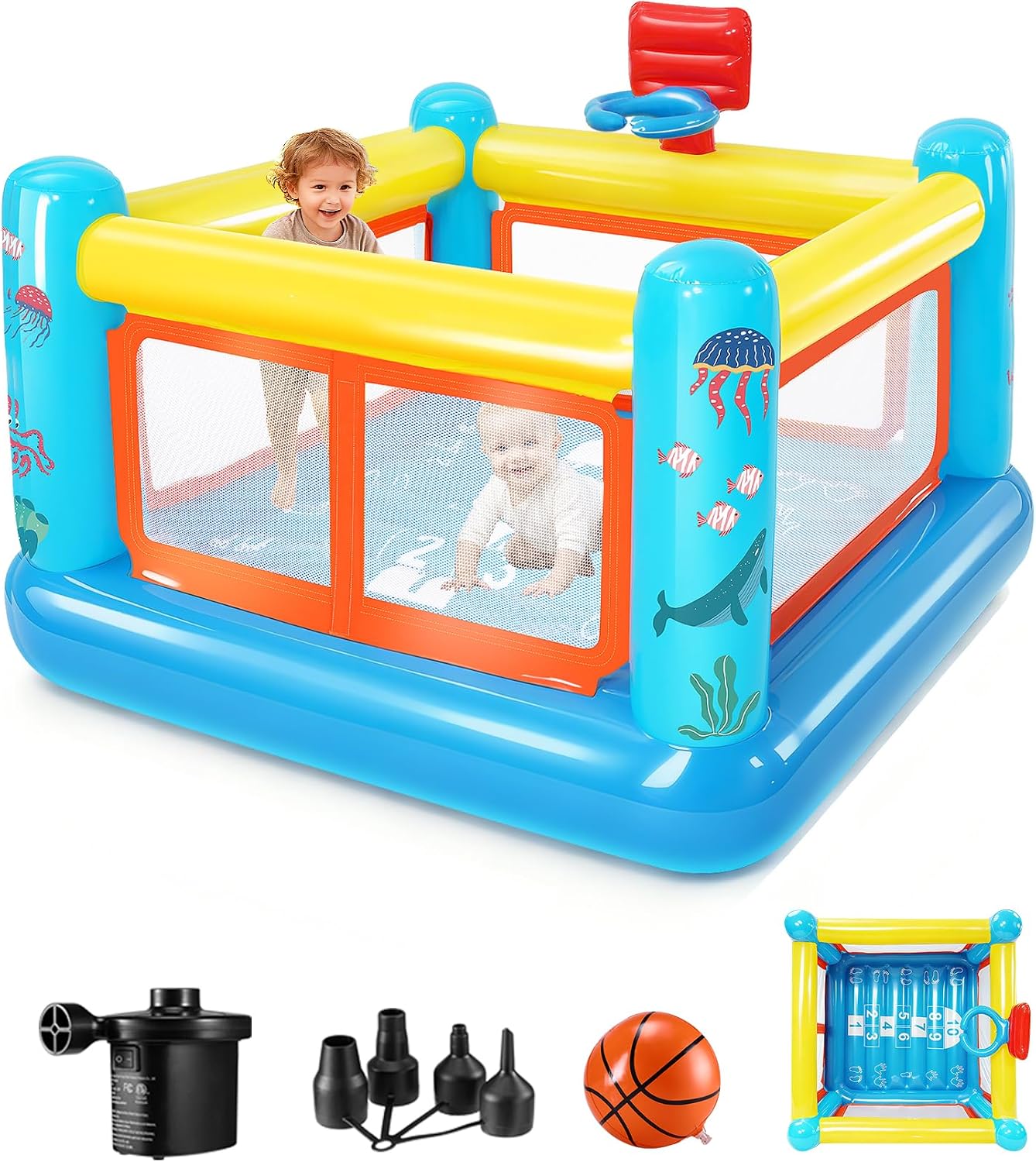 AKEYDIY Aufblasbare Hüpfburg für Kinder von 3-6 Jahren Pool, Basketballkorb und Hüpfspiel, Blau/Gelb/Rot/Orange, Luftpumpe