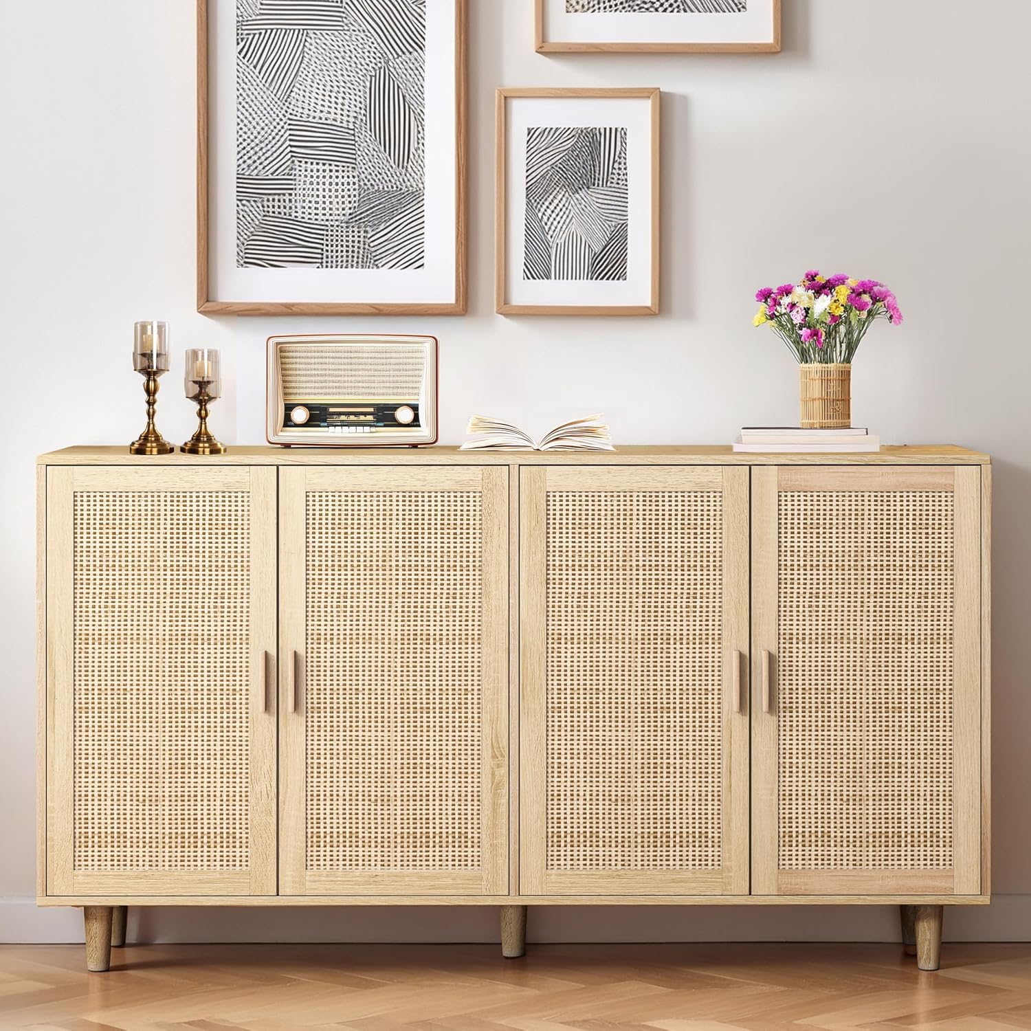 VS VanShine Sideboard mit verstellbaren Ablagen, Modernen Kommode mit 4 Türen, 158 × 40 × 88 cm, Rattan TV-Tisch mit viel Stauraum für Esszimmer
