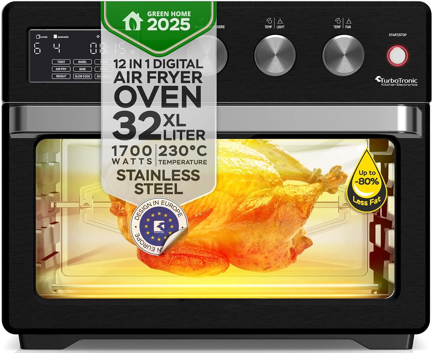 TurboTronic By Z-LINE Heißluftofen XXL 32 Heißluftfritteuse, XXL 32 Liter mit Drehspieß für Hähnchen 5 in1 Mini Backofen