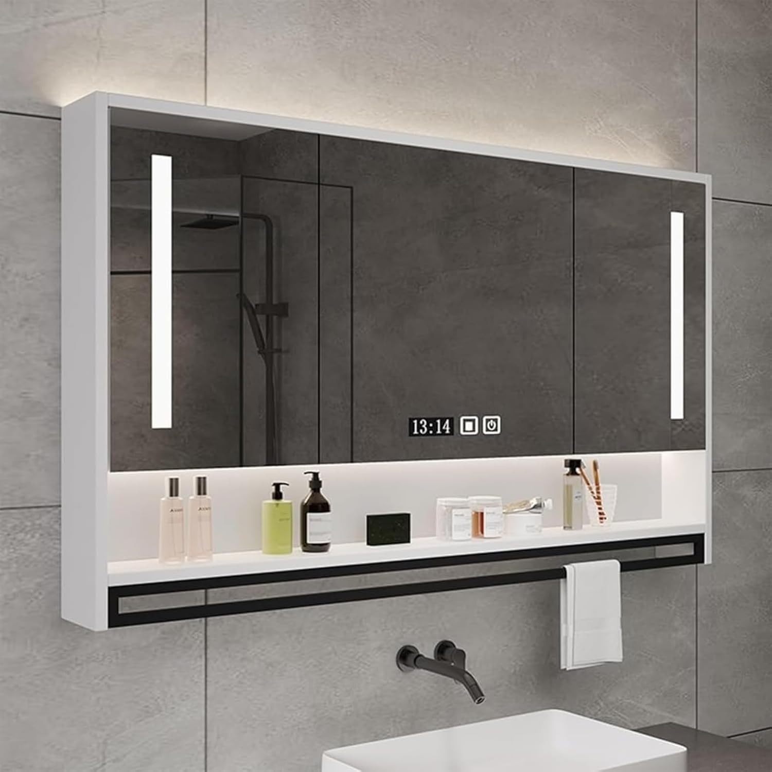 GEESDF Badezimmerspiegel Türen Badezimmer Spiegelschränk, 100 cm, Massivholz, für Badezimmer, Weiß, Stauraum, verstellbar