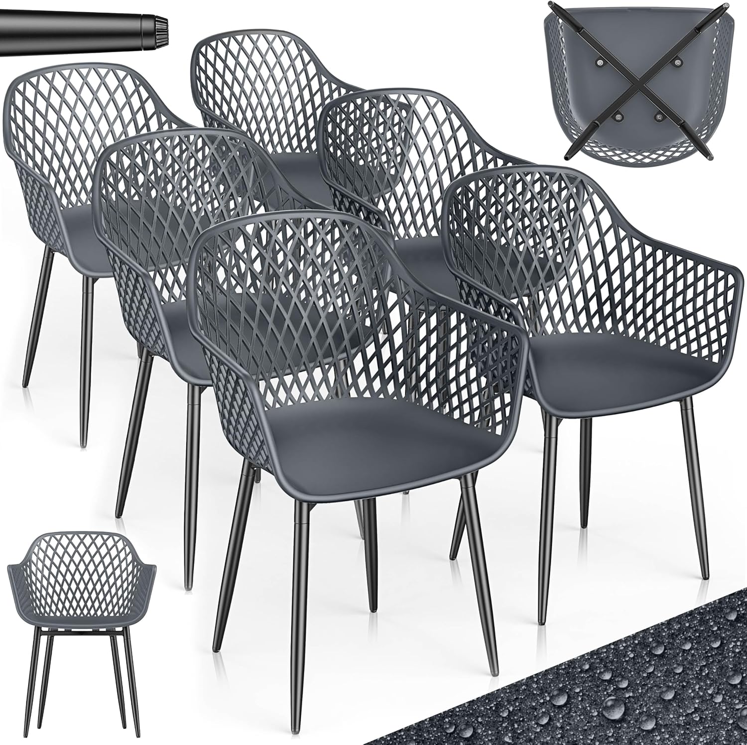 Tillvex Gartenstuhl 6er Set Wetterfest mit Armlehne, Outdoor-Stuhl, Armlehnensessel, Terrasse, 45 cm, 120 kg, 4 kg, Kunststoff