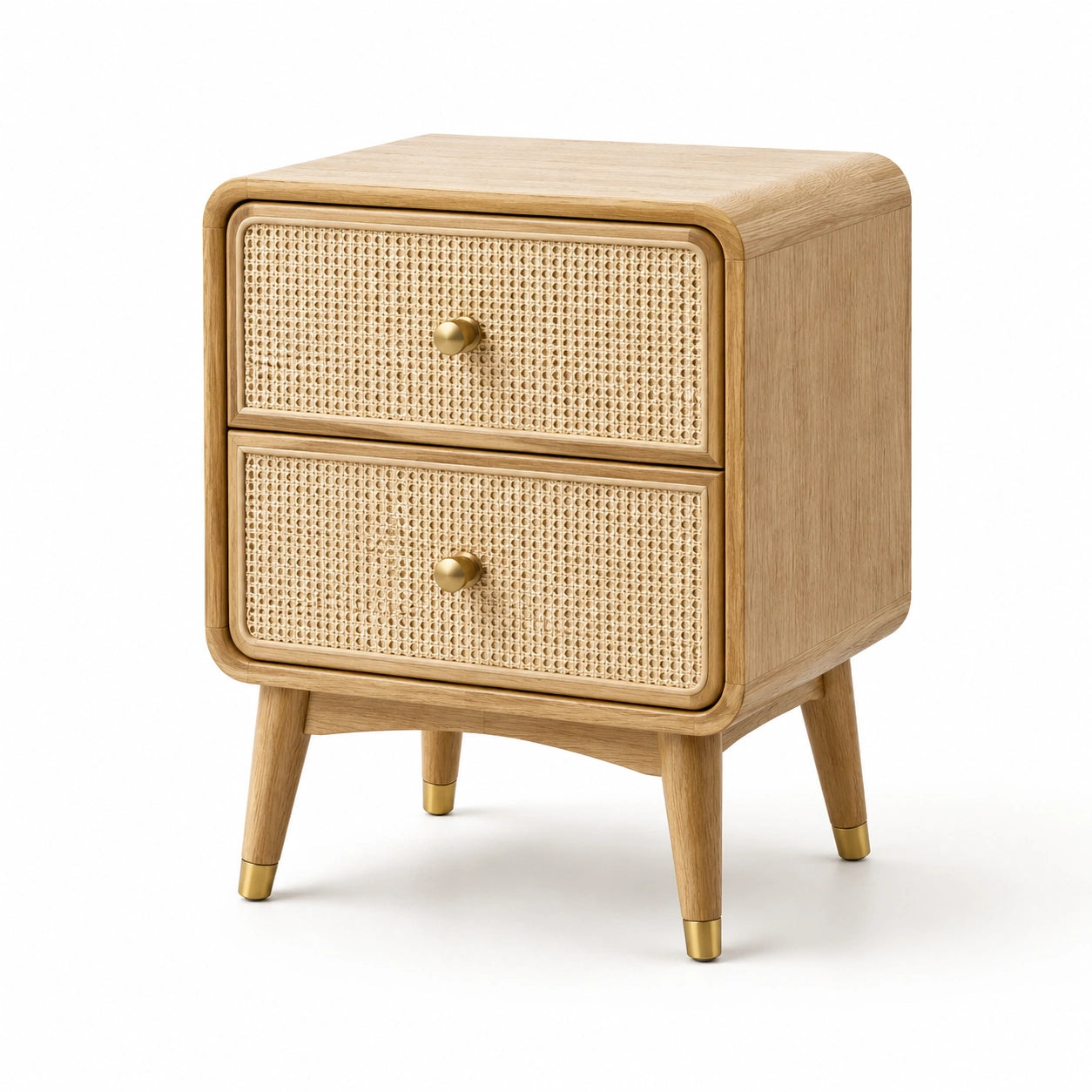 Nachttisch aus Holz und Rattan mit 2 Schubladen, Natur/Gold