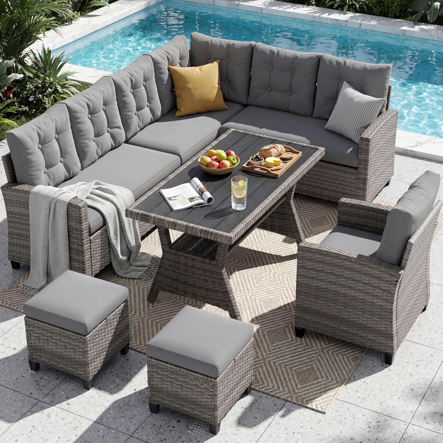 UDPATIO Rattan Gartenmöbel Set, Ecksofa, Einzelsessel, Terrasse, 10 cm, 30 °C, Grau