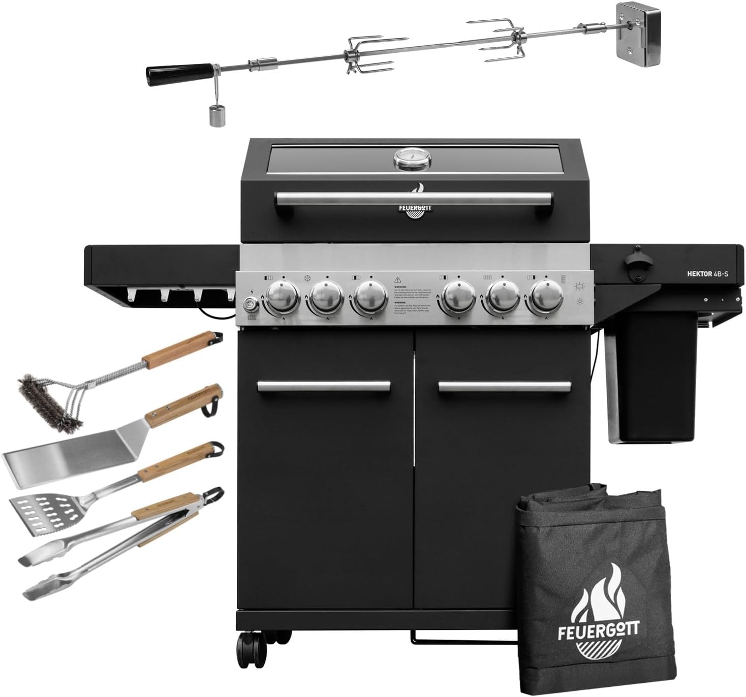 FEUERGOTT Gasgrill Hektor 4B-S inkl. Drehspieß, All Inclusive mit 4 Grill-Utensilien, 4 Brenner, Seitenkocher für Garten und Terrasse, Sear-Brenner