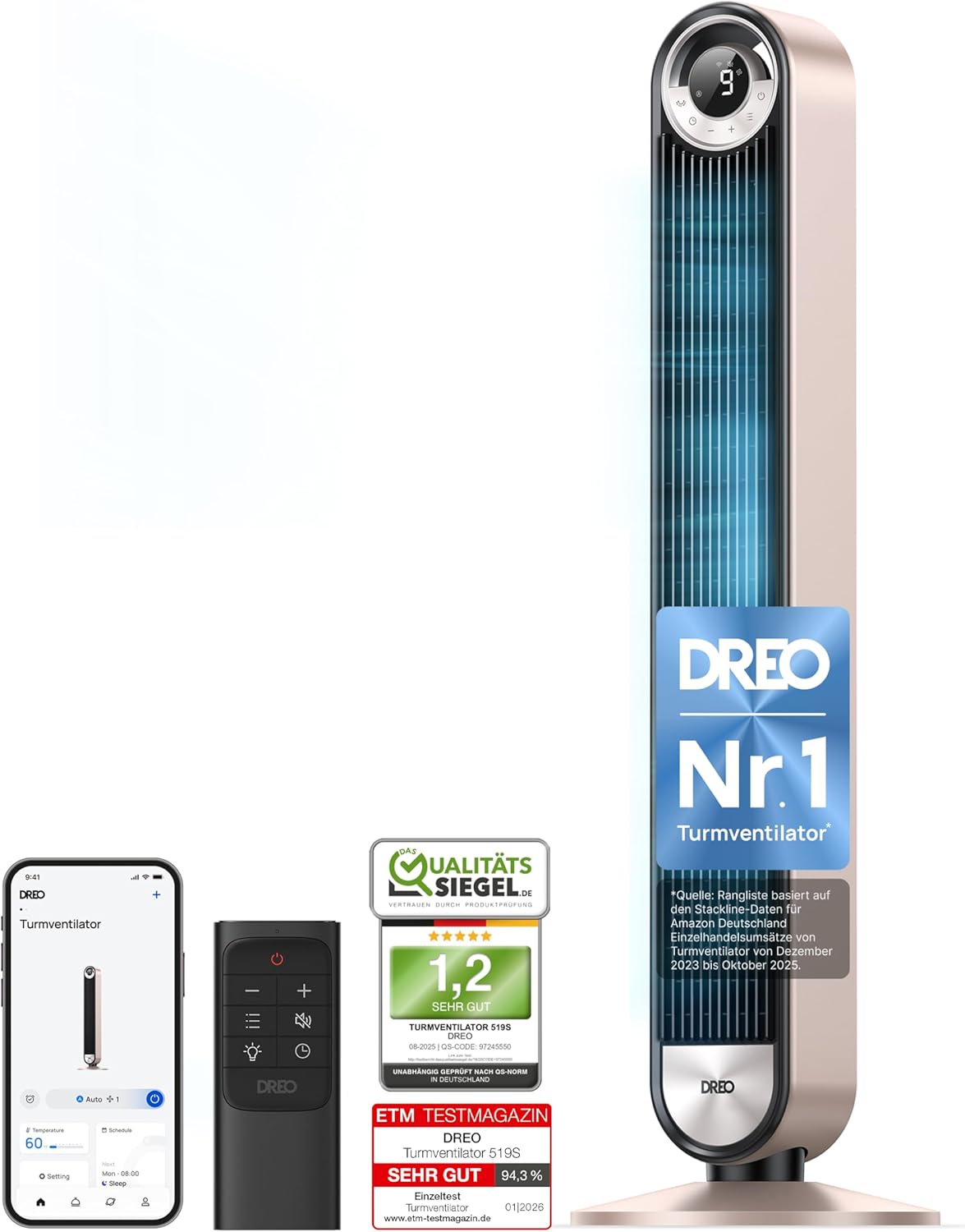 DREO 25 dB Smart Leiser Turmventilator mit Kühlung, Bodenventilator, Automatisch, Schlafzimmer
