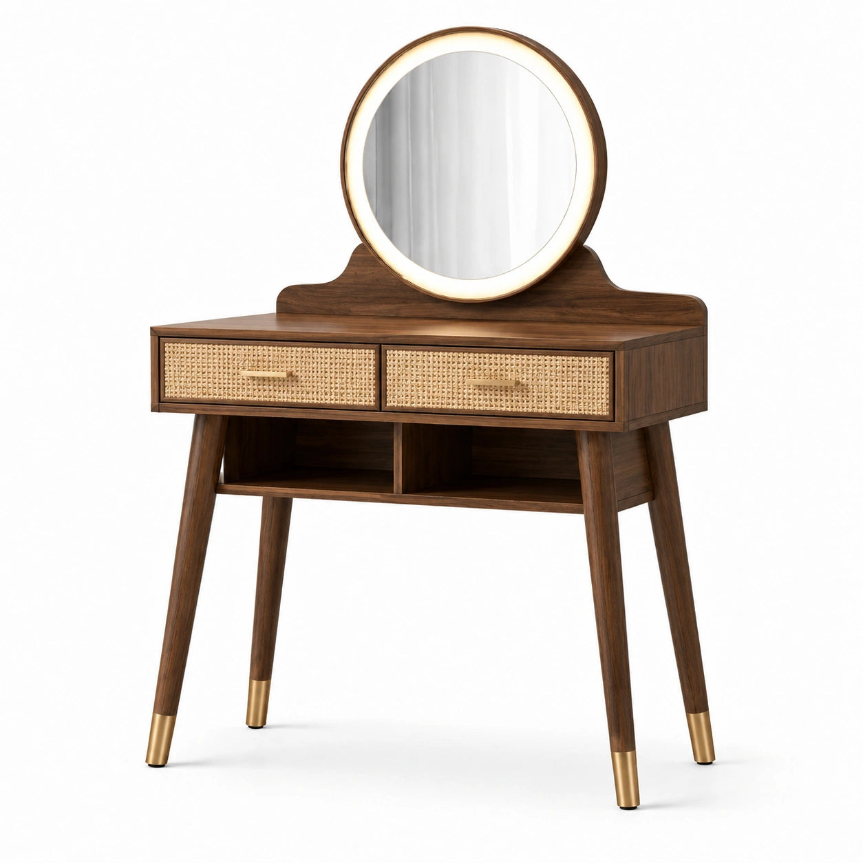 Frisiertisch mit rundem Spiegel aus Holz Dunkelbraun/Gold