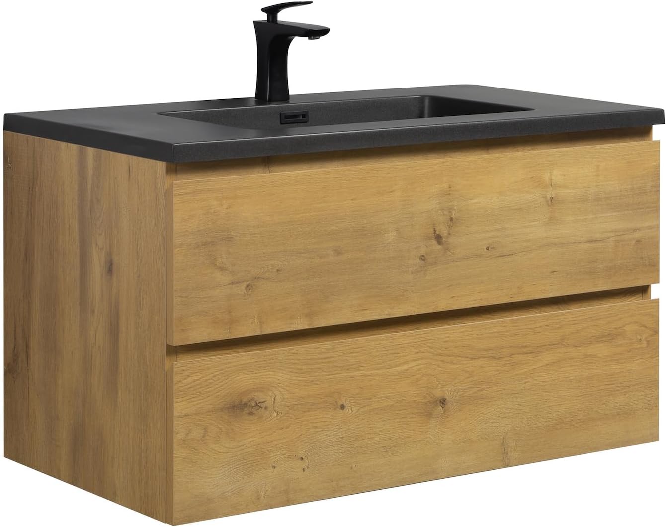 Badplaats B.V. Badezimmer Badmöbel Set Angela 90 cm - Schwarzes Waschbecken - Eiche, Unterschrank, Badezimmerschrank