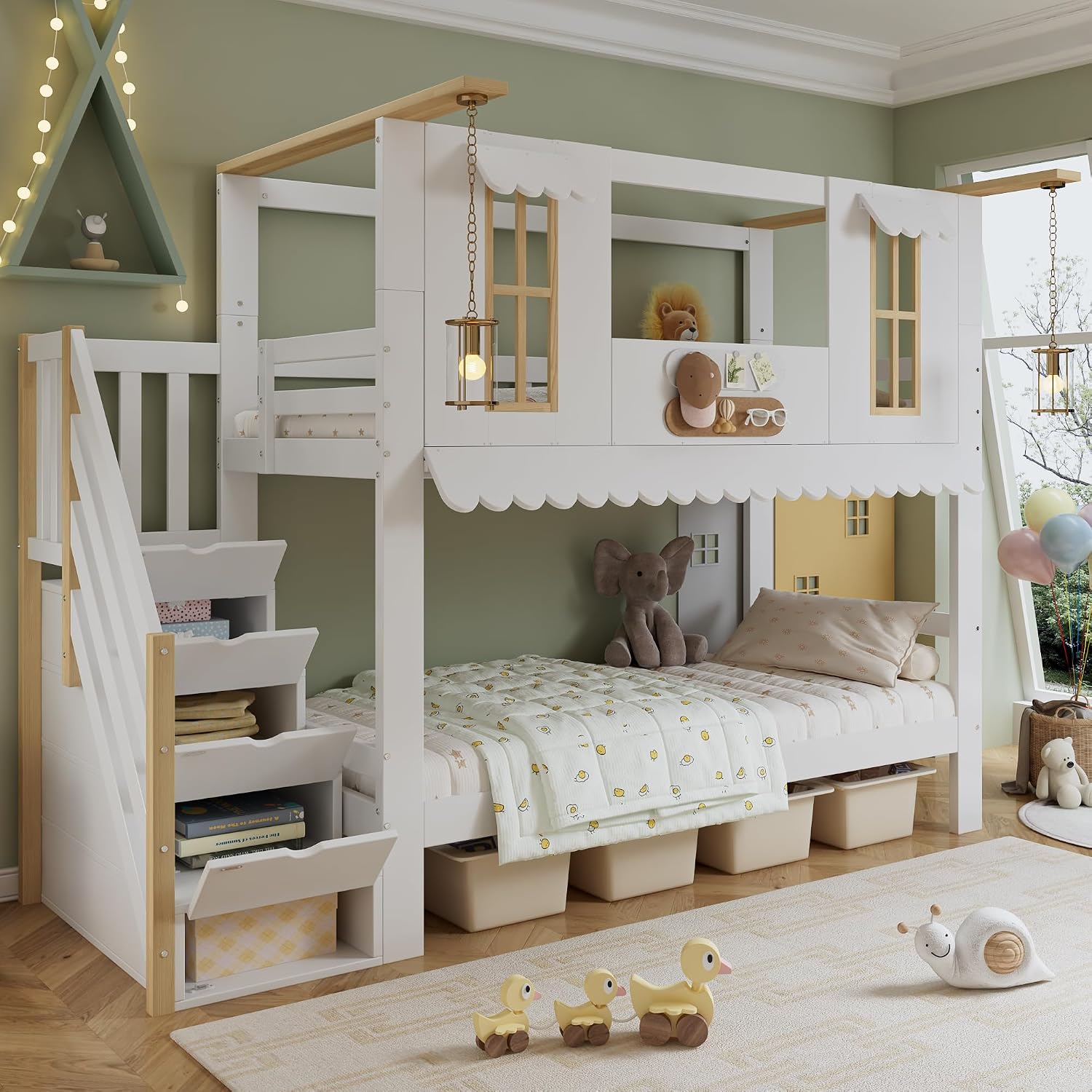 Bett Kinder 90 × 200 Jovify, Etagenbett für 2 Kinder, 90 × 200, Etagen, Hausbett Hochbett mit Treppe&Fenstern&Dach, Ohne Matratze, Weiß+Natur
