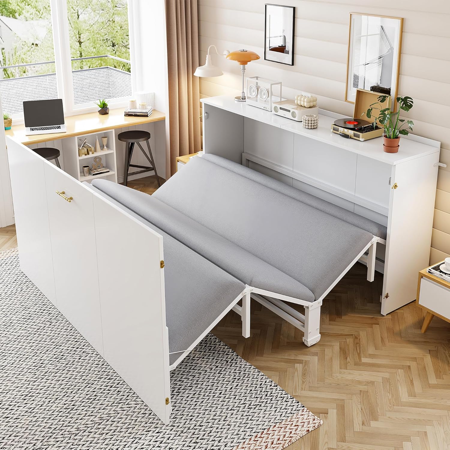 Bett Schrank 140 × 200 cm Jovify, 140 × 200 cm, Klappbares Doppel, Wandbett Klappbett mit Schrank, Klappbares Doppelbett mit Matratze und Lattenrost