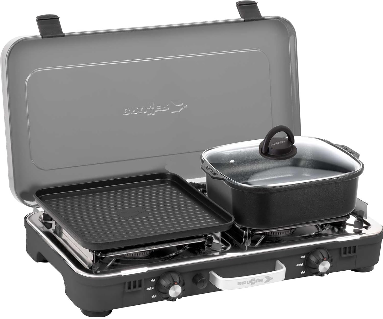 BRUNNER: 2-in-1 Tisch Camping-Kocher 2-flammig Edelstahl Gasgrill, Kaffeemaschine, Gaskochfeld
