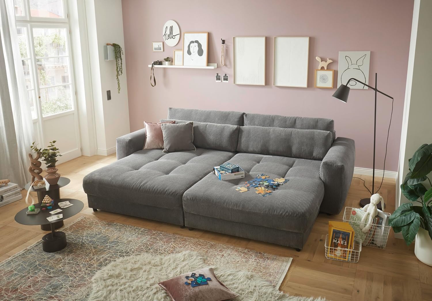 Sofa Big Stella Trading, modernes Sofa 292 × 194 cm inklusive Nierenkissen, XXL Couch mit großer Liegefläche, BARURA Cord dunkelgrau – XXL Couch