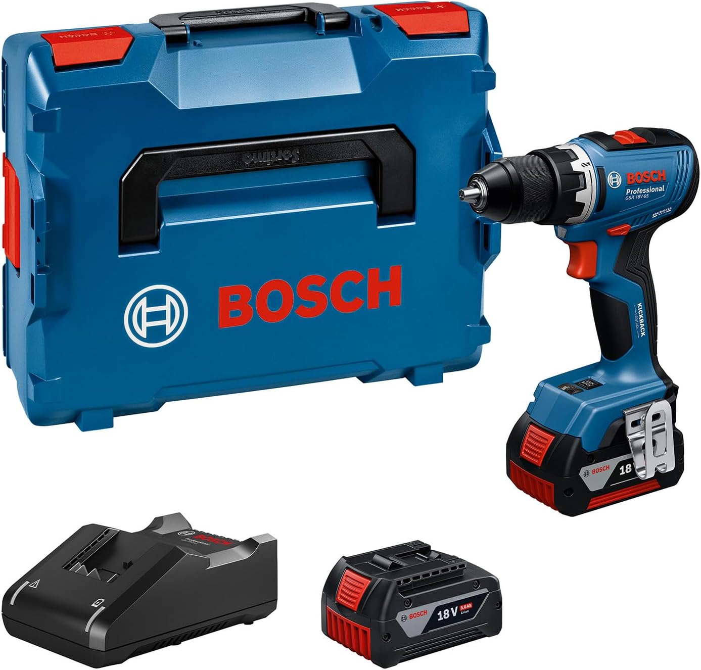 Bosch Professional 18 V System Akku-Bohrschrauber GSR 18 V-65 (bürstenloser Motor, 166 mm, 5.0 Ah, Schnellladegerät