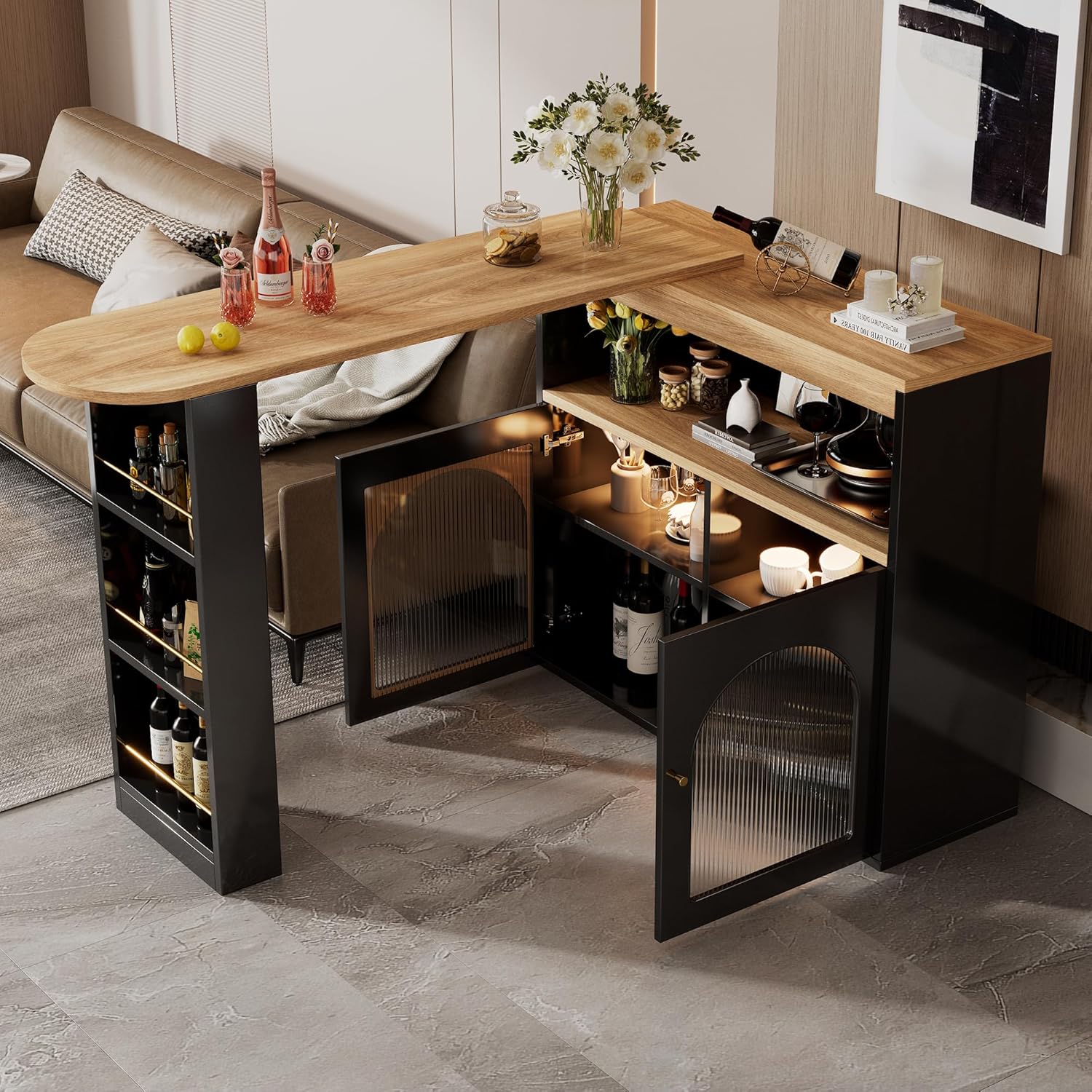Esstisch Moderner ausziehbarer Bartisch, KUAKE, 1m langem LED (Schwarz), Schwarz/Holz, für Esszimmer, Ausziehbarer Esstisch mit Stauraum