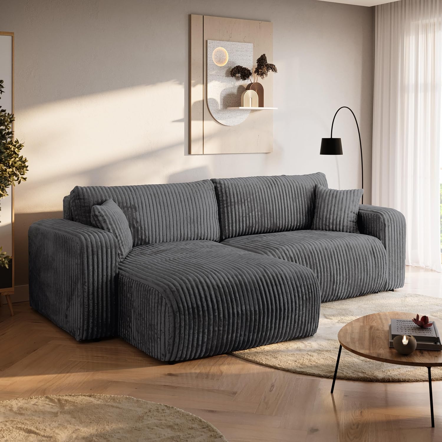 BROMARKT Ecksofa mit Schlaffunktion Dunkelgrau Couch L-Form Cordstoff Sofa mit, Bett, Sitzer-Sofa, 200 cm, 82 cm
