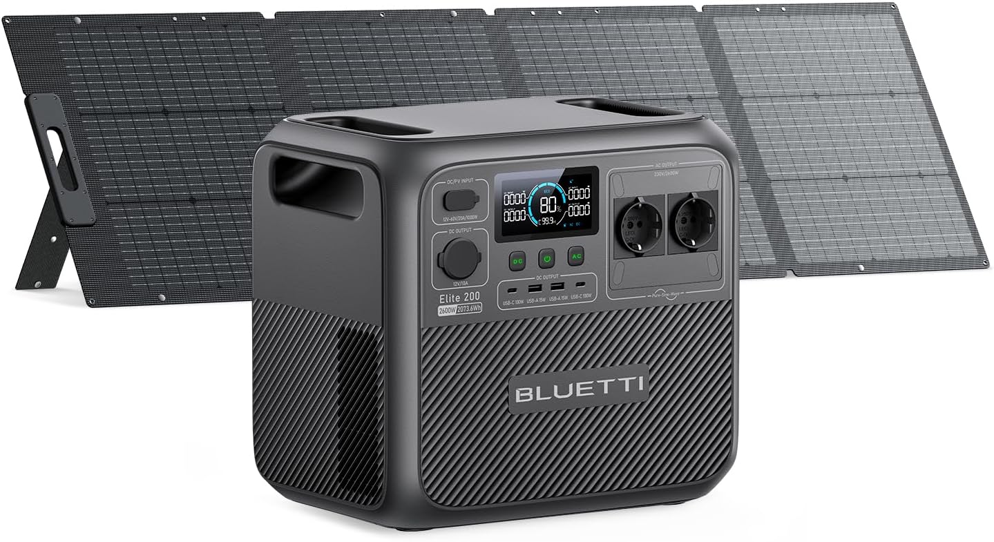 BLUETTI Elite 200 V2 Solar Generator (2025 Neu) mit 200 W Solarpanel, Camping, 2073,6 Wh, 2600 W, 5200 W, 2,4 Std, 2,8 Std, 32,4 cm, App