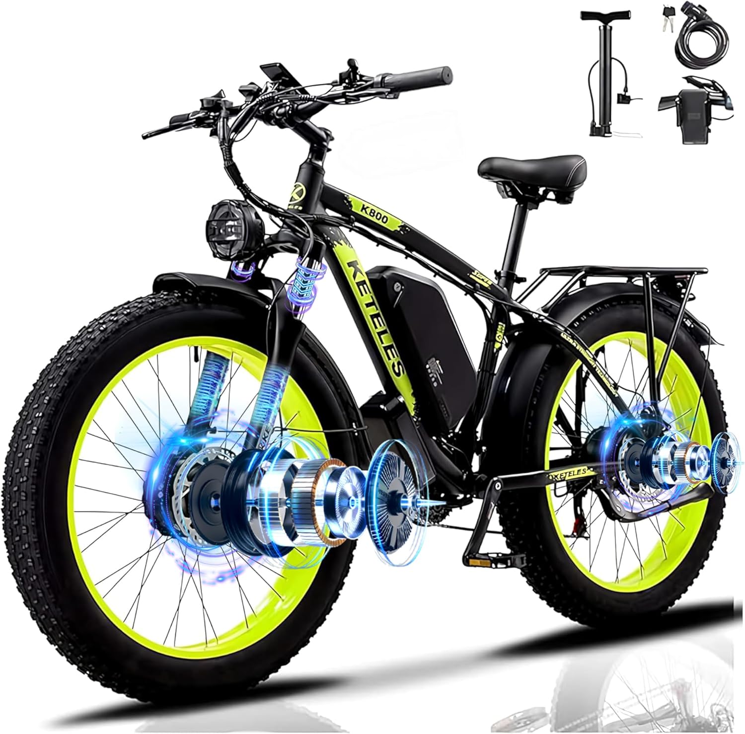 QIKAITU E Bike Fahrrad, E Fatbike mit 26'x4.0' Fat Tire, 48 V 23Ah Akku Elektrofahrrad Ebike mit Telefonhalter, 250W, Schwarz/Gelb