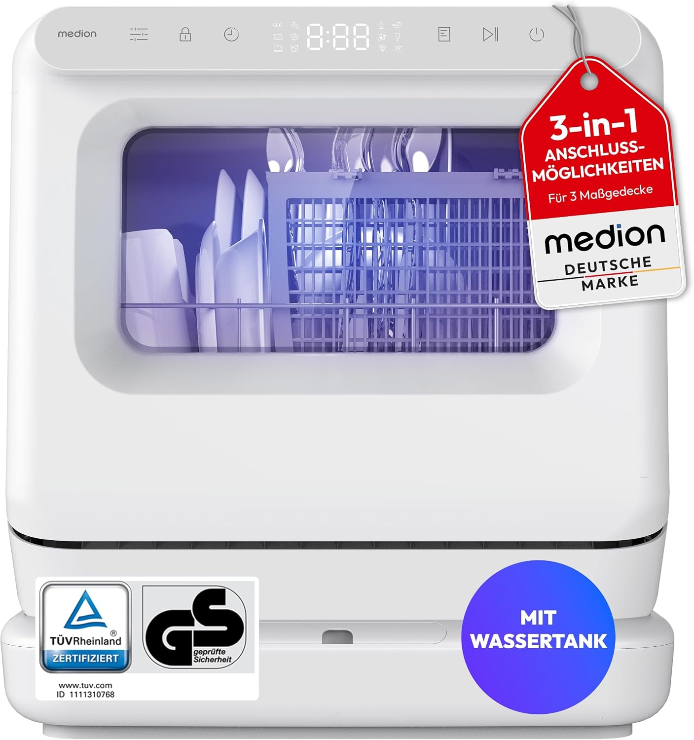 MEDION Mini Geschirrspüler DWT30,3 Maßgedecke, Tischgeschirrspüler, Büro, 35 Minuten, 0,33 kWh, LED