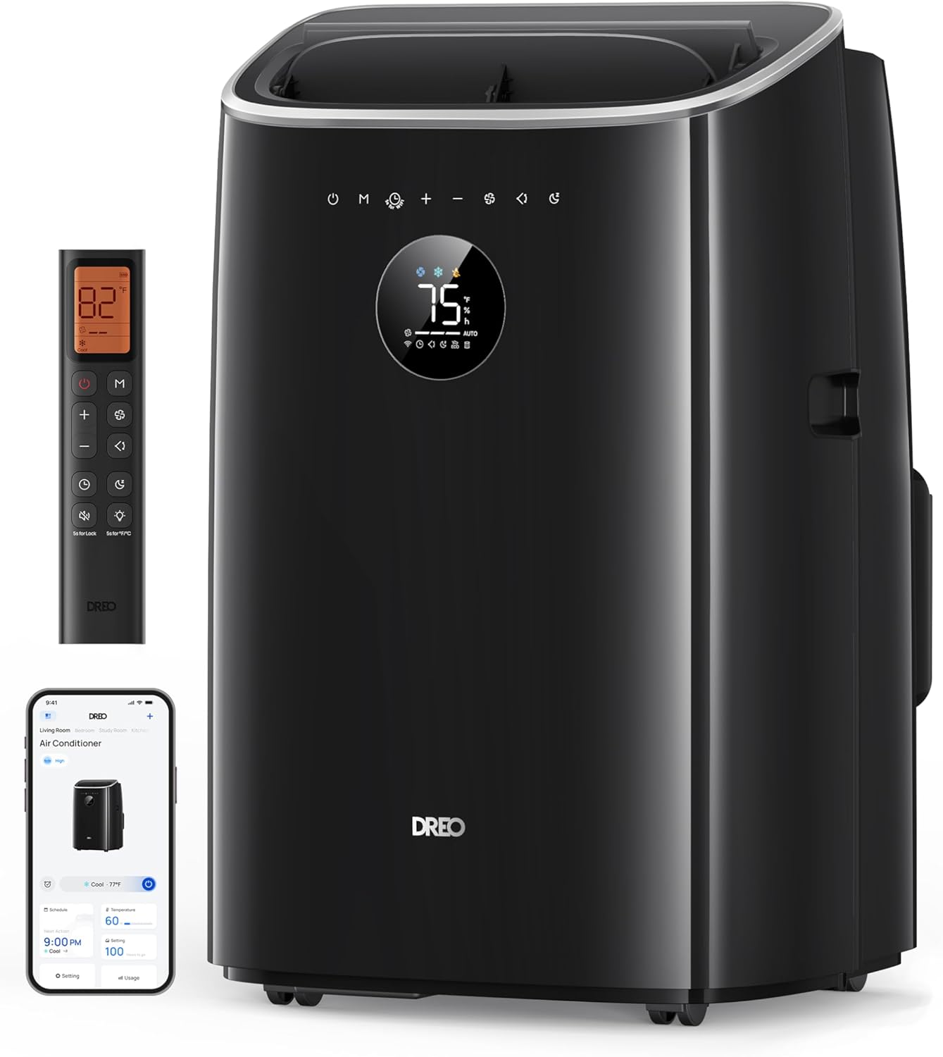 Dreo mobile Klimaanlage mit App-, Sprach- und Fernbedienung, Automatisch, Schlafzimmer, 4,3 m, 16–30 °C, 45 dB, 61 dB, 2,5 l, 150 cm