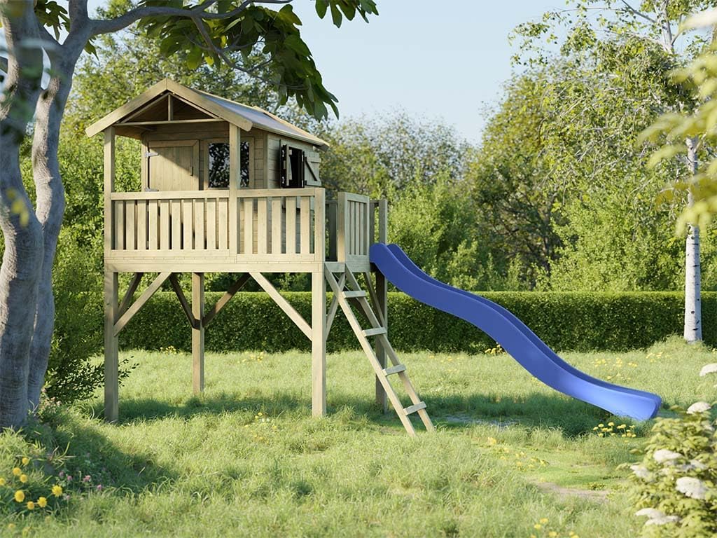 Prestige Garden Stelzenhaus Funny XXL KDI Spielhäuser, 285 × 188 × 303 cm, 146 cm Podest, Kesseldruckimprägniertes Kiefernholz, Holzfarbe/Blau