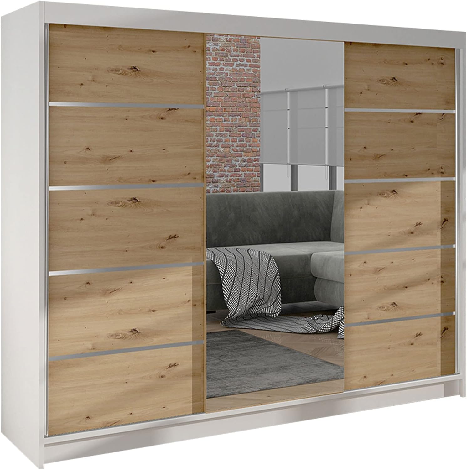 Mirjan24 Kleiderschrank Dotan VI mit Spiegel, Schlafzimmerschrank, Schwebetürenschrank, 200 cm, 215 cm, 58 cm, 16 mm, Aluminium