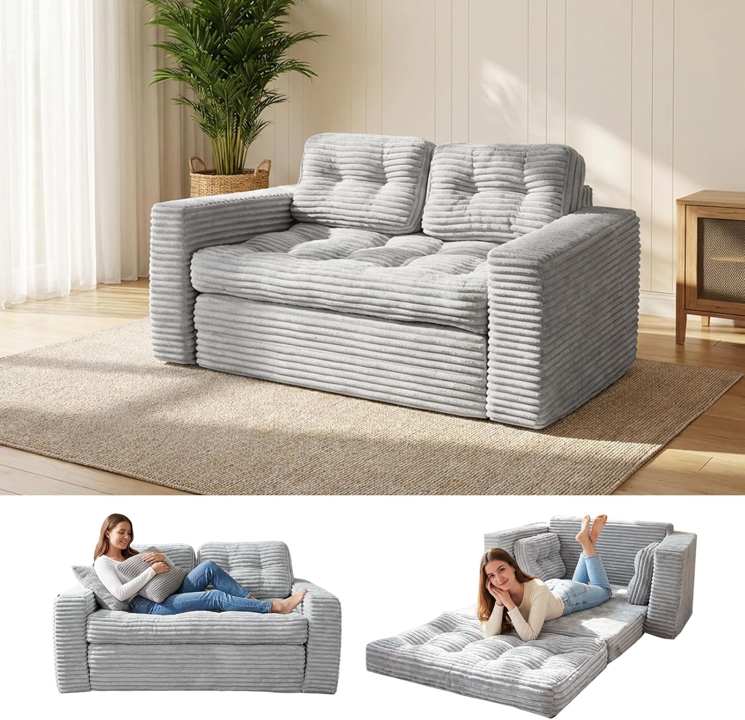 Sofa Boden Schlafsofa Bed mit Pillow Back Support Armrest 140 Toemics, 140 cm, klappbar, für Wohnzimmer, Schlafzimmer und Gästezimmer Grau