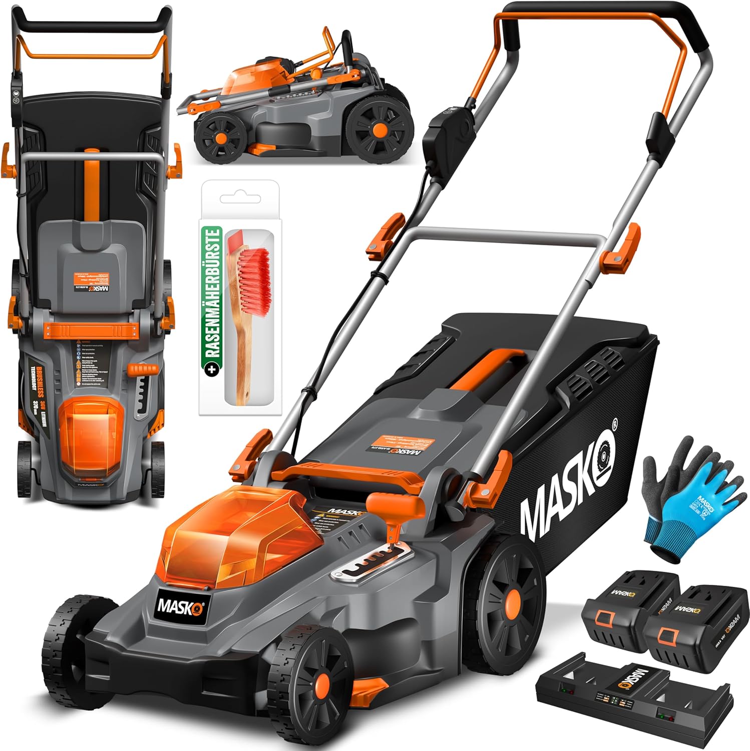 MASKO Akku Rasenmäher, 40L, 4Ah, 37 cm, Schwarz/Orange, verstellbar