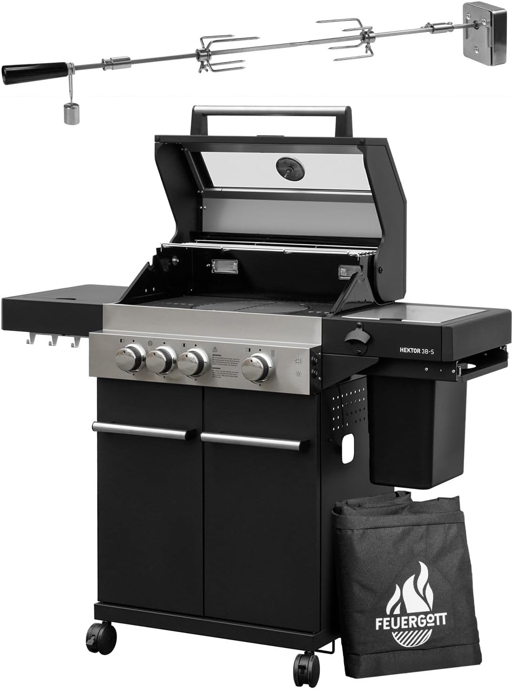 FEUERGOTT Gasgrill Hektor 3B-S inkl. Drehspieß und Abdeckhaube mit 3 Brennern, Sichtfenster und Thermometer für Garten und Terrasse, Sear-Brenner