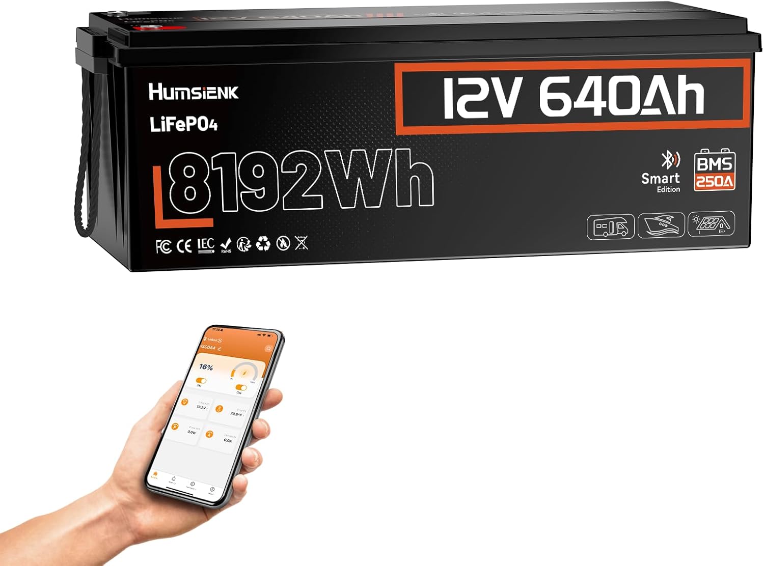 HumsiENK 12 V 640 Ah LiFePO4 Lithium-Akku mit Bluetooth, 51,2 V, 2560 Ah, 131 kWh, 5 Stunden, 20 °C, 65 °C