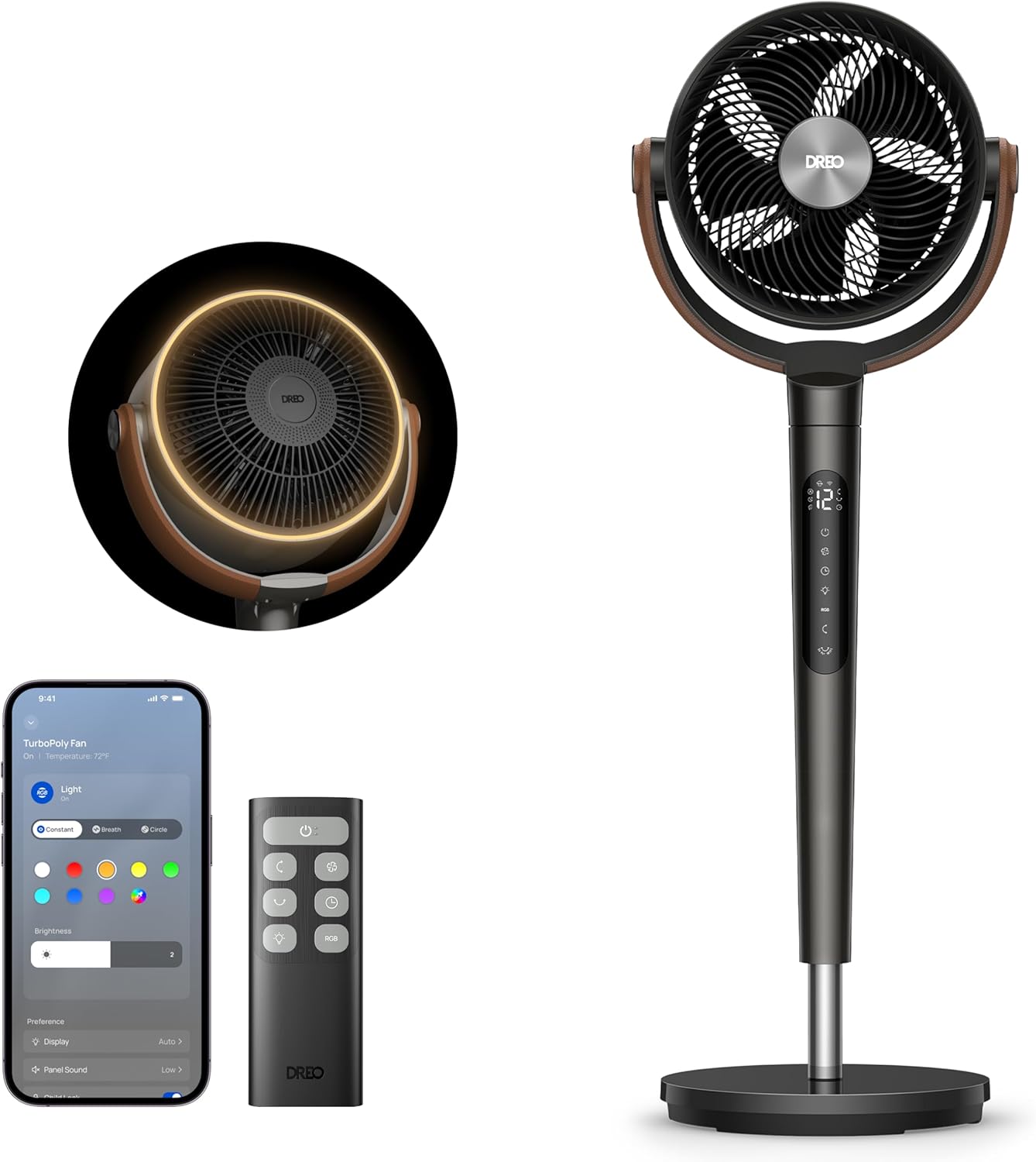 DREO 20 dB leiser Smart Standventilatorr für Schlafzimmer mit RGB-LED, Oszillationsventilator, 30 m, 1 Minute, 94-107 cm