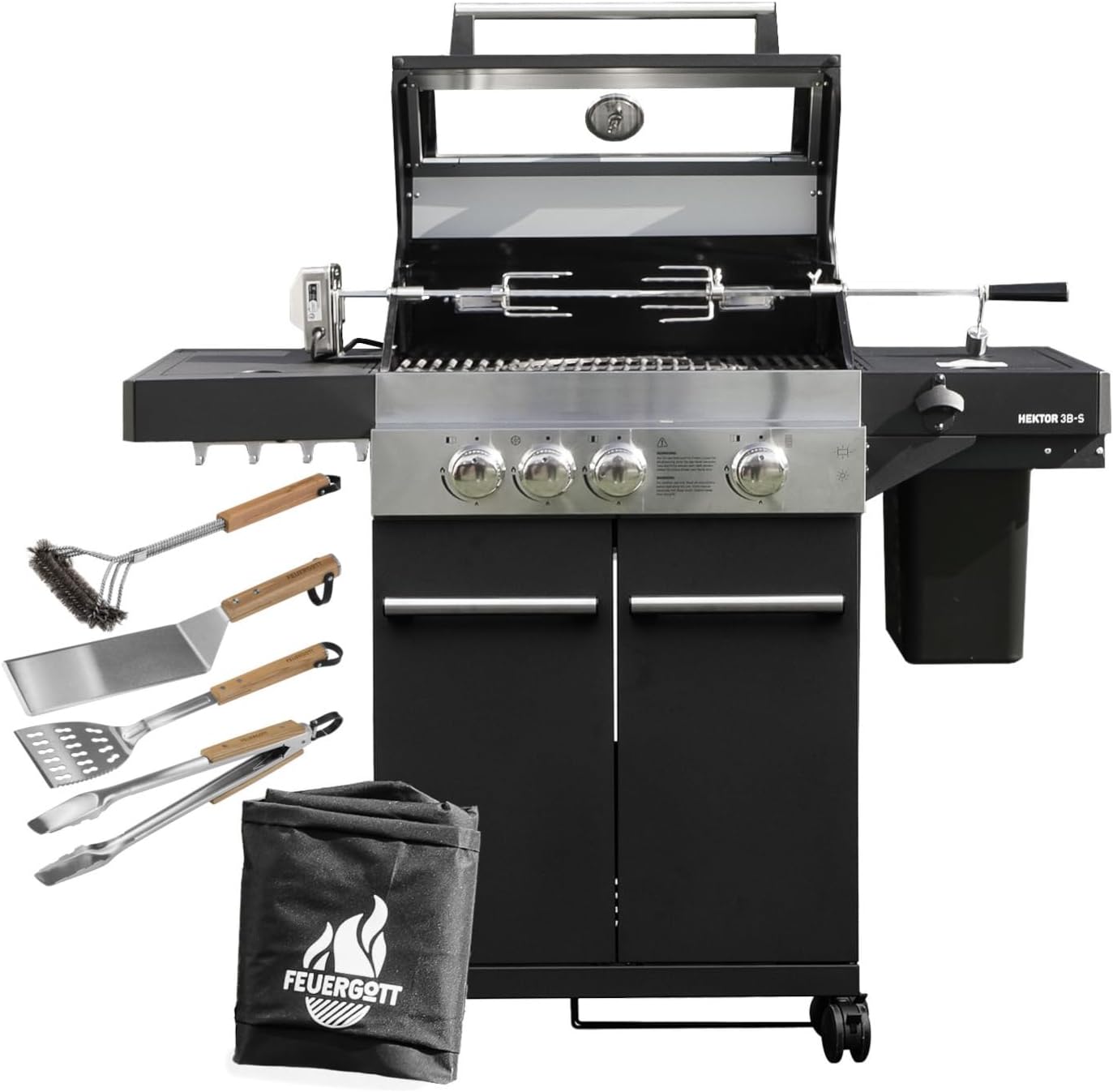 FEUERGOTT Gasgrill Hektor 3B-S inkl. Drehspieß, All Inclusive mit 4 Grill-Utensilien, 3 Brenner, Seitenkocher für Garten und Terrasse, Sear-Brenner