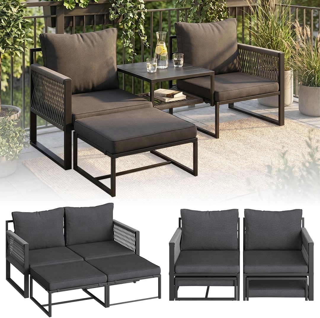 STEELSØN Tyranis Gartenmöbel Set Outdoor 4-TLG inkl. Tisch mit Ablage & Hocker, Gartensofa, Sessel, Terrasse, 9 cm, 10 cm