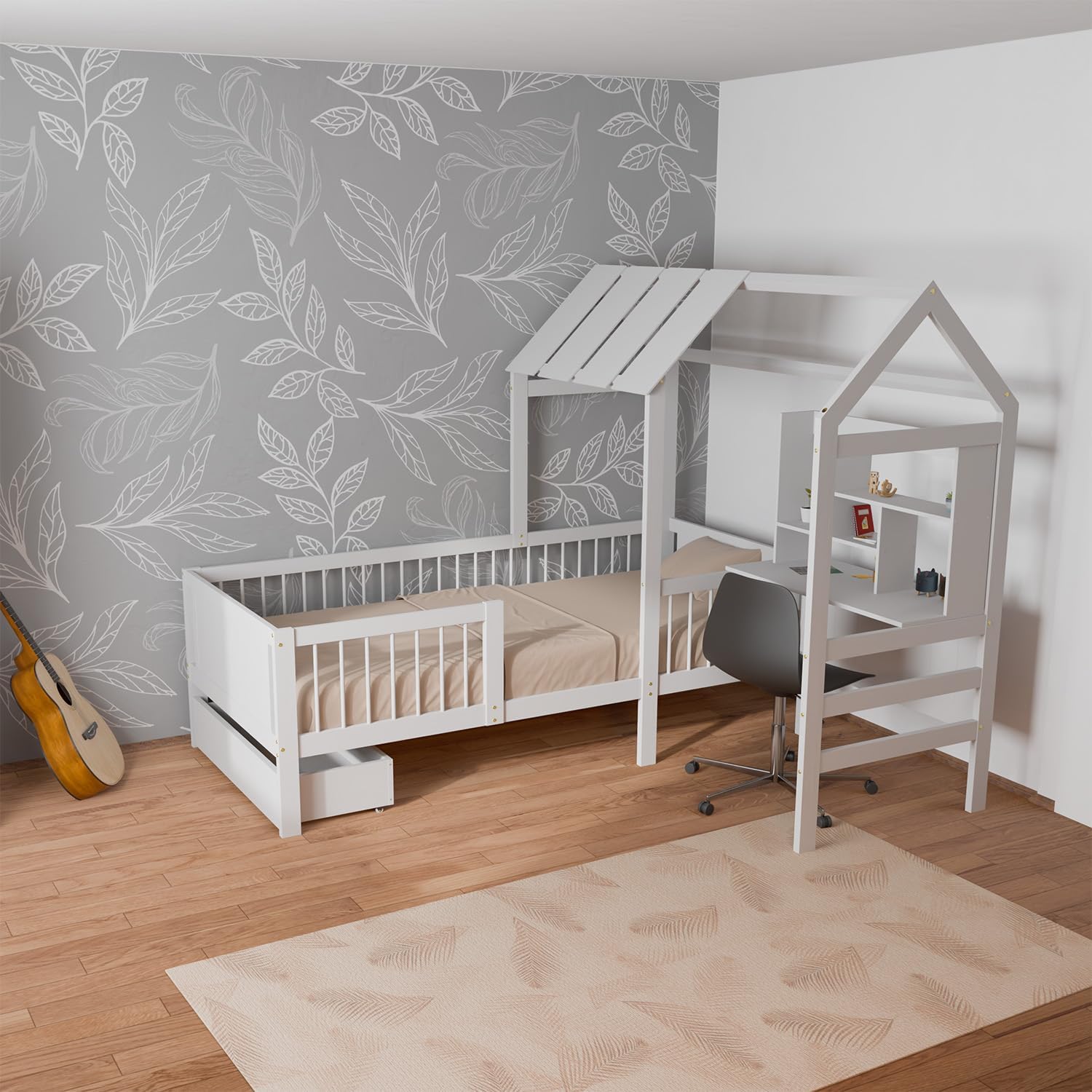 Juskys Kinderbett Yari 90 × 200 cm - Einzelbett mit Schreibtisch & Schublade, Spielzeug